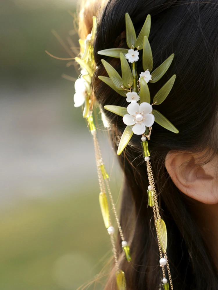 Green Bamboo Side Clip Hanfu Bamboo Leaf Hairclip Ancient Style Daily