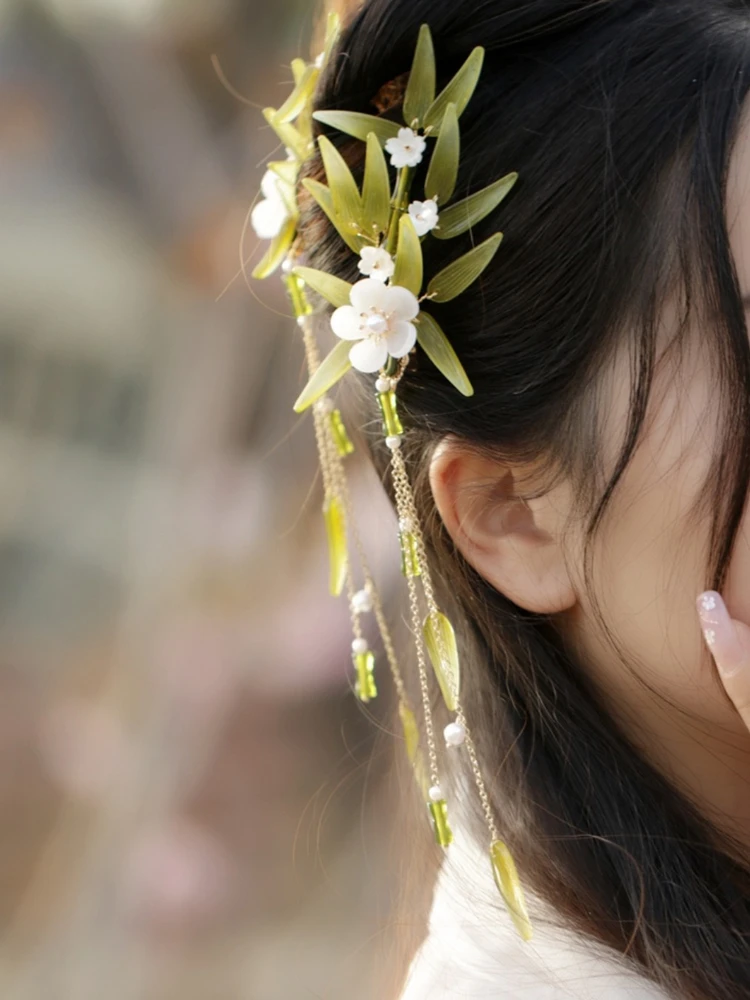 Green Bamboo Side Clip Hanfu Bamboo Leaf Hairclip Ancient Style Daily