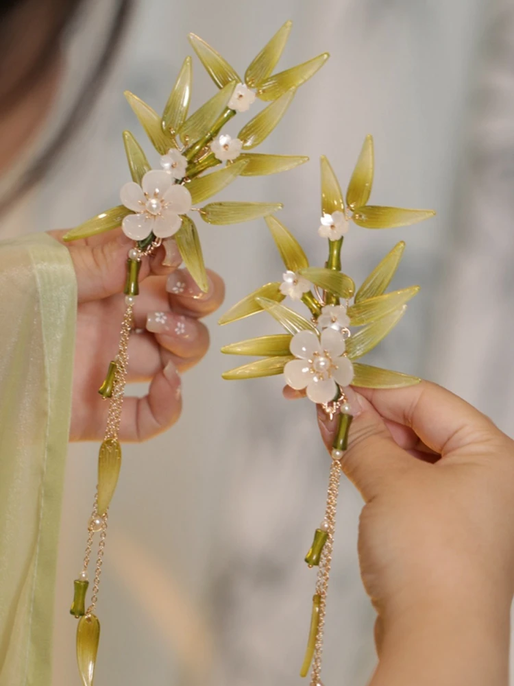 Green Bamboo Side Clip Hanfu Bamboo Leaf Hairclip Ancient Style Daily