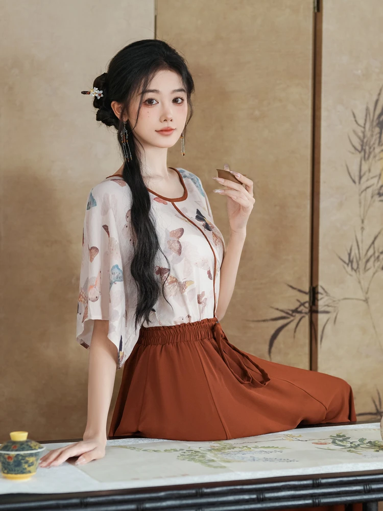 Women Spring Fashion Set Butterfly Vintage Flared Sleeve Top