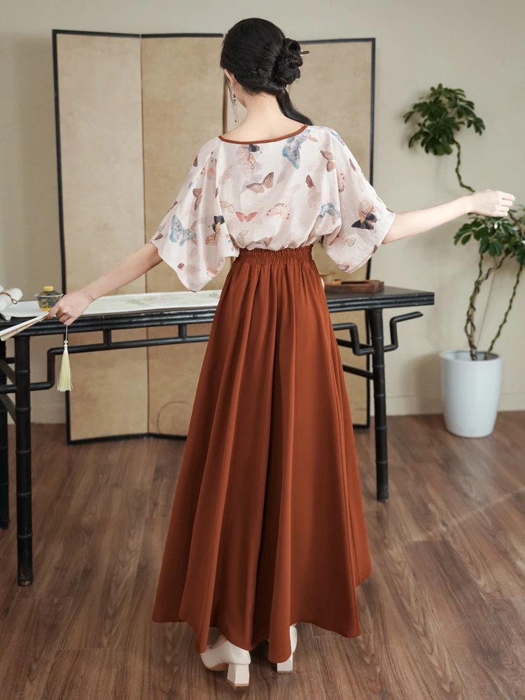 Women Spring Fashion Set Butterfly Vintage Flared Sleeve Top