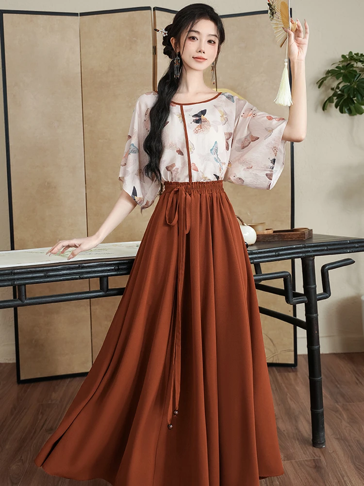 Women Spring Fashion Set Butterfly Vintage Flared Sleeve Top