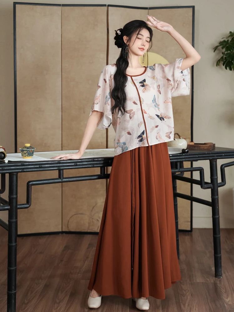 Women Spring Fashion Set Butterfly Vintage Flared Sleeve Top