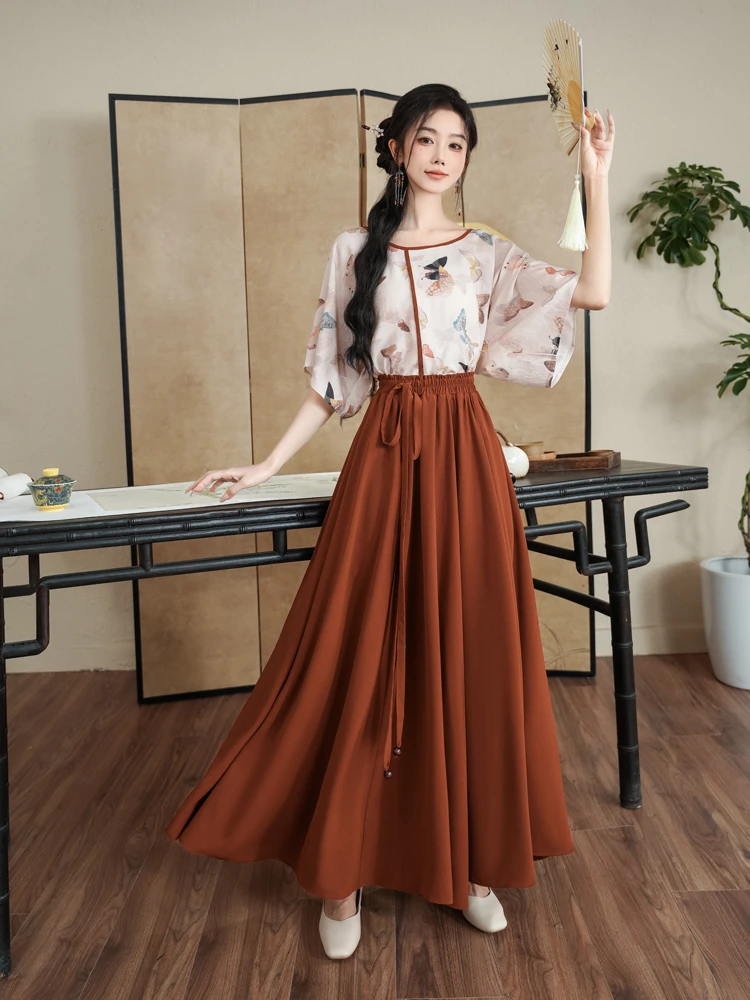 Women Spring Fashion Set Butterfly Vintage Flared Sleeve Top