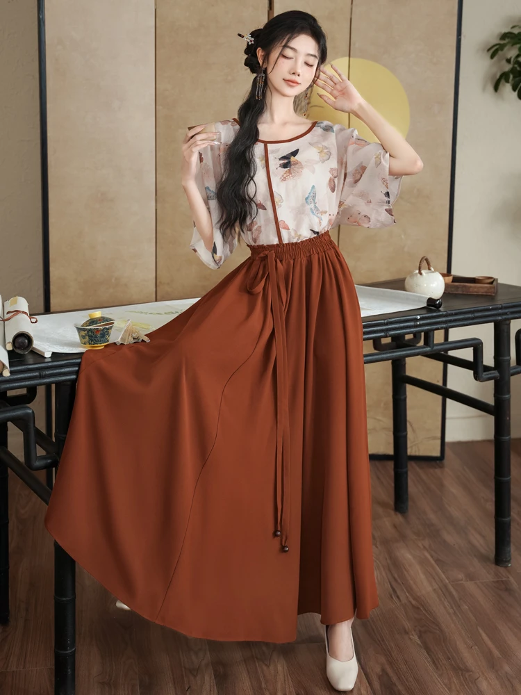 Women Spring Fashion Set Butterfly Vintage Flared Sleeve Top