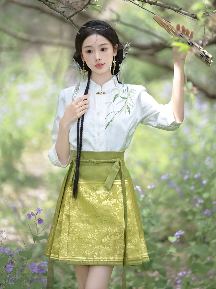 Women Summer Ming Dynasty Hanfu Short Ma Mian Skirt Embroidery Fashion Suit