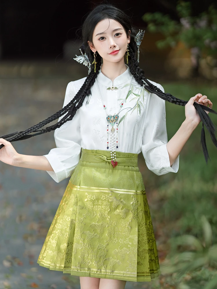 Women Summer Ming Dynasty Hanfu Short Ma Mian Skirt Embroidery Fashion Suit