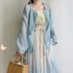 Ladies Hanfu Round Neck Shirt Daily Spring Summer Set Pleated Skirt