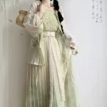 Ladies Hanfu Round Neck Shirt Daily Spring Summer Set Pleated Skirt