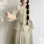 Ladies Hanfu Round Neck Shirt Daily Spring Summer Set Pleated Skirt