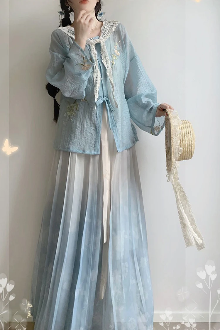 Ladies Hanfu Round Neck Shirt Daily Spring Summer Set Pleated Skirt