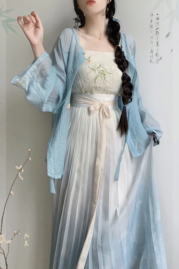 Ladies Hanfu Round Neck Shirt Daily Spring Summer Set Pleated Skirt