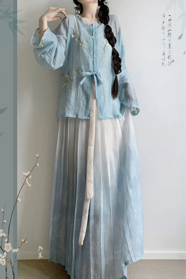 Ladies Hanfu Round Neck Shirt Daily Spring Summer Set Pleated Skirt