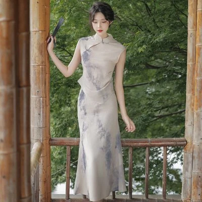 Ladies Modern Cheongsam Ink Elegant Dress Summer Costumes