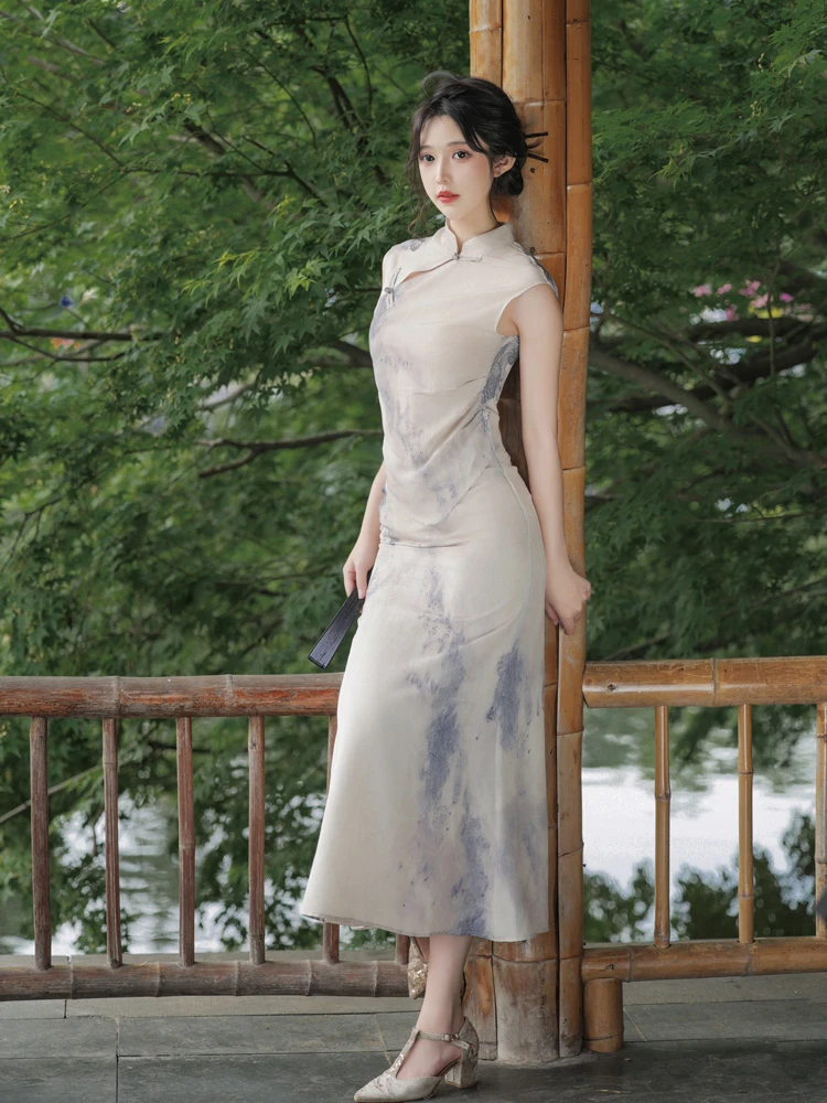 Ladies Modern Cheongsam Ink Elegant Dress Summer Costumes