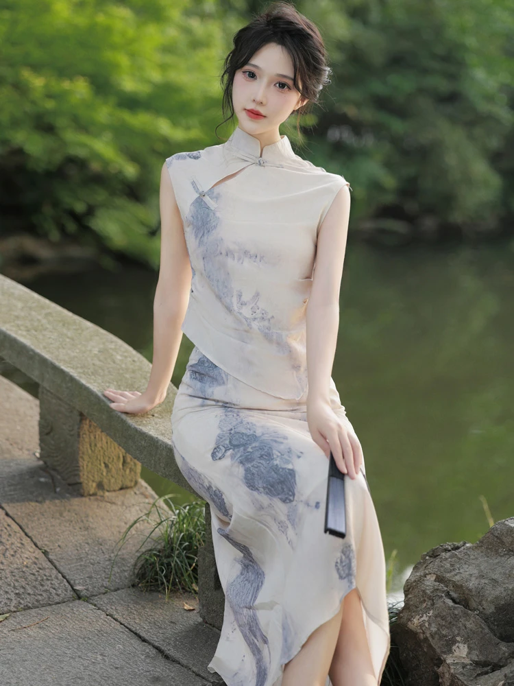 Ladies Modern Cheongsam Ink Elegant Dress Summer Costumes