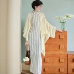 Ladies Modified Cheongsam Dignified Long Striped Dress Summer