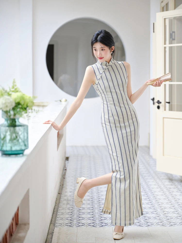 Ladies Modified Cheongsam Dignified Long Striped Dress Summer 