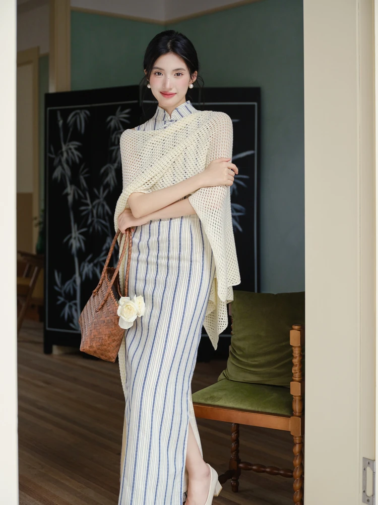 Ladies Modified Cheongsam Dignified Long Striped Dress Summer 