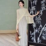 Ladies Modified Cheongsam Dignified Long Striped Dress Summer