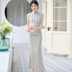 Ladies Modified Cheongsam Dignified Long Striped Dress Summer