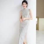 Ladies Modified Cheongsam Dignified Long Striped Dress Summer