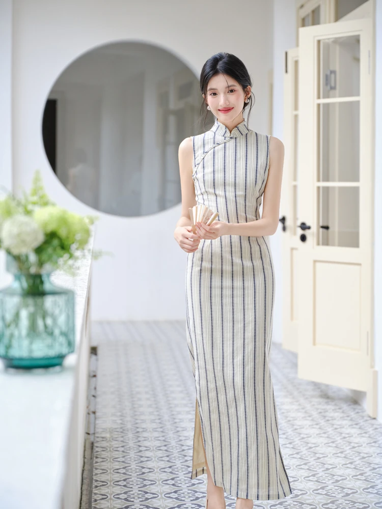 Ladies Modified Cheongsam Dignified Long Striped Dress Summer 