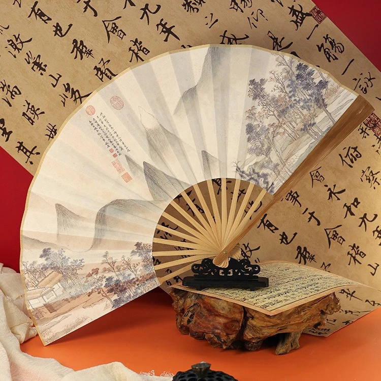 Men's Hanfu Fan Classical Ancient Poetry Folding Bamboo Fan