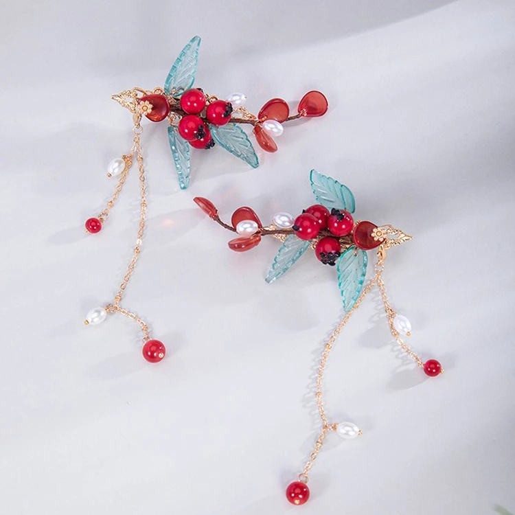 Vintage Hair Clips Red Pomegranate Headdress Tassel Buyao