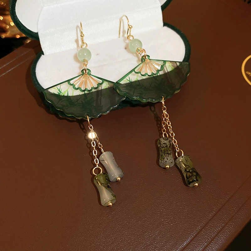 Women Hanfu Earrings Niche Bamboo Style Green Cheongsam Earrings 