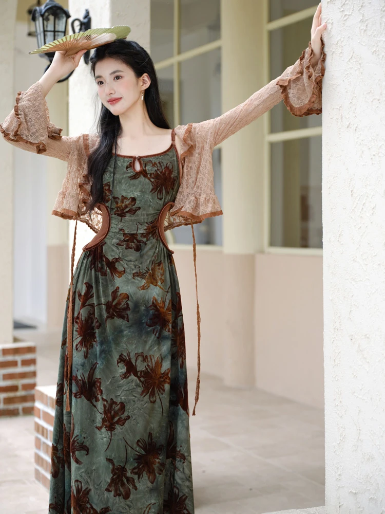 Women Retro Dress Autumn Slim Green Fashion Shirt Set