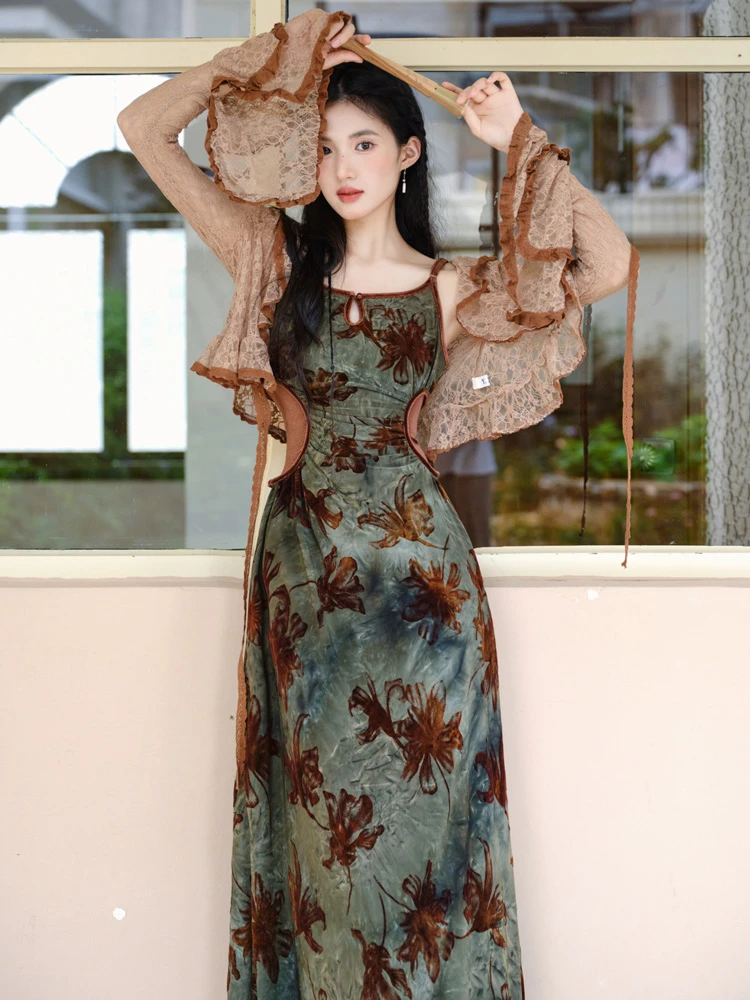 Women Retro Dress Autumn Slim Green Fashion Shirt Set