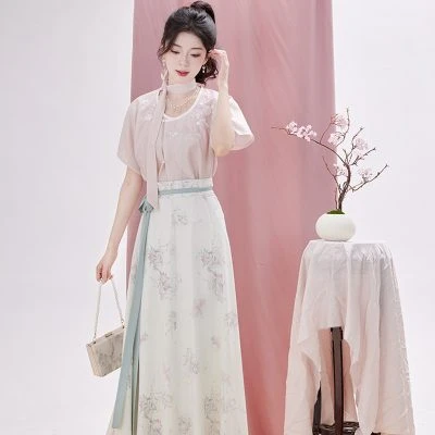 Women Tang Dynasty Hanfu Summer Pink Fashion Peach Blossom Skirt