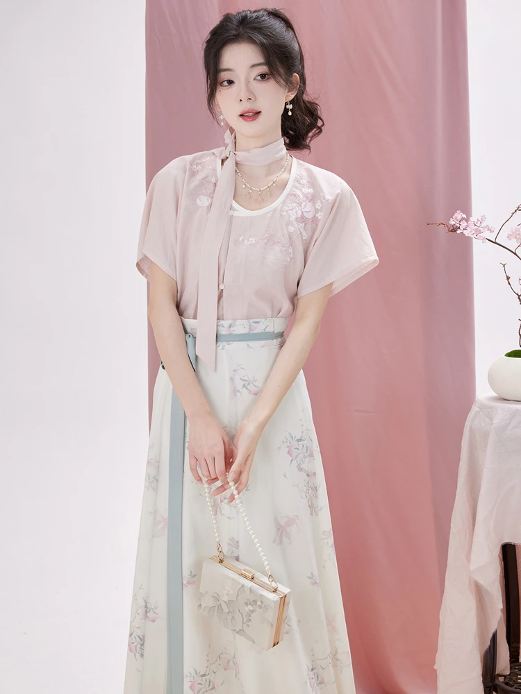 Women Tang Dynasty Hanfu Summer Pink Fashion Peach Blossom Skirt