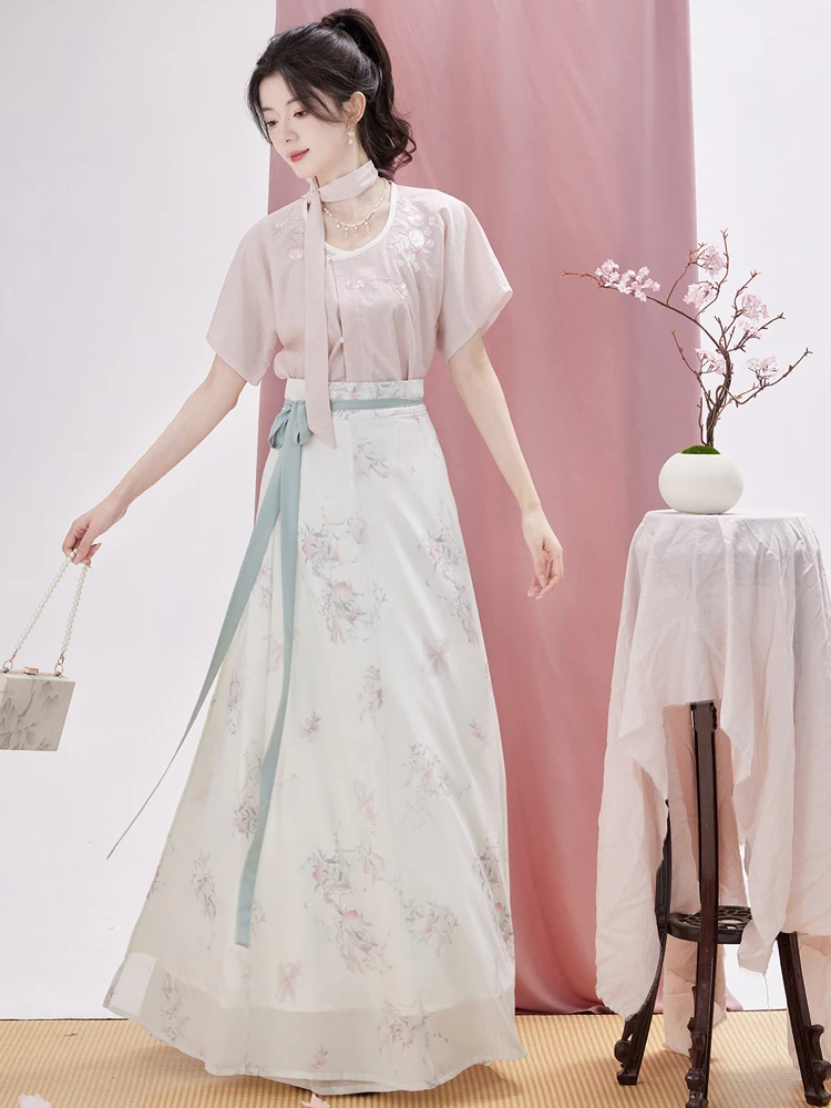 Women Tang Dynasty Hanfu Summer Pink Fashion Peach Blossom Skirt