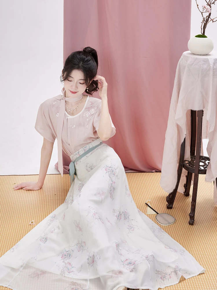 Women Tang Dynasty Hanfu Summer Pink Fashion Peach Blossom Skirt