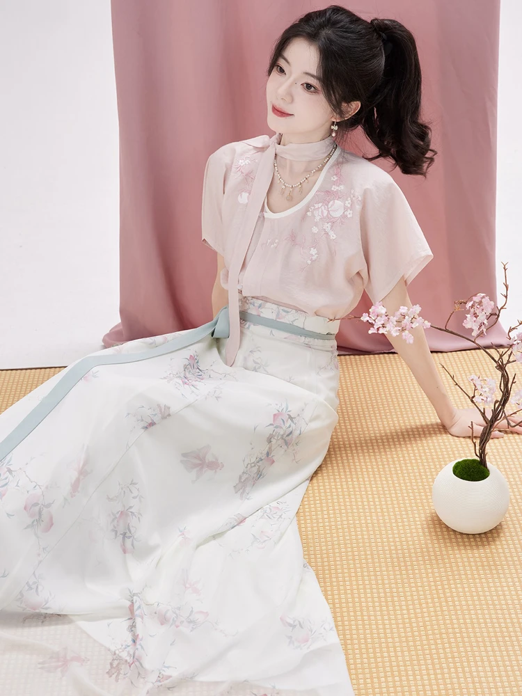 Women Tang Dynasty Hanfu Summer Pink Fashion Peach Blossom Skirt