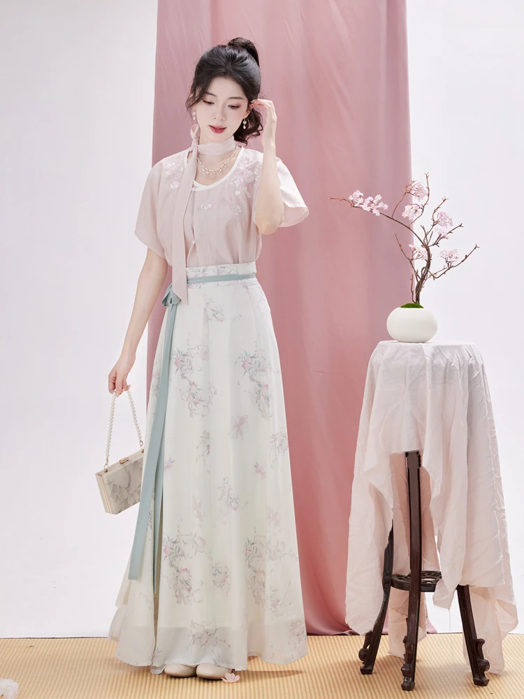 Women Tang Dynasty Hanfu Summer Pink Fashion Peach Blossom Skirt