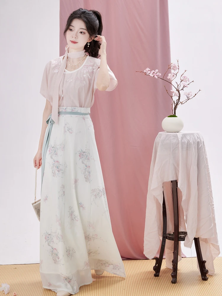 Women Tang Dynasty Hanfu Summer Pink Fashion Peach Blossom Skirt