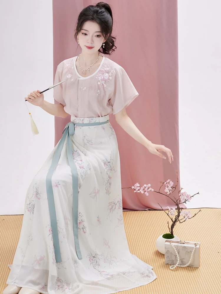 Women Tang Dynasty Hanfu Summer Pink Fashion Peach Blossom Skirt