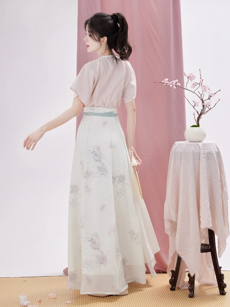 Women Tang Dynasty Hanfu Summer Pink Fashion Peach Blossom Skirt