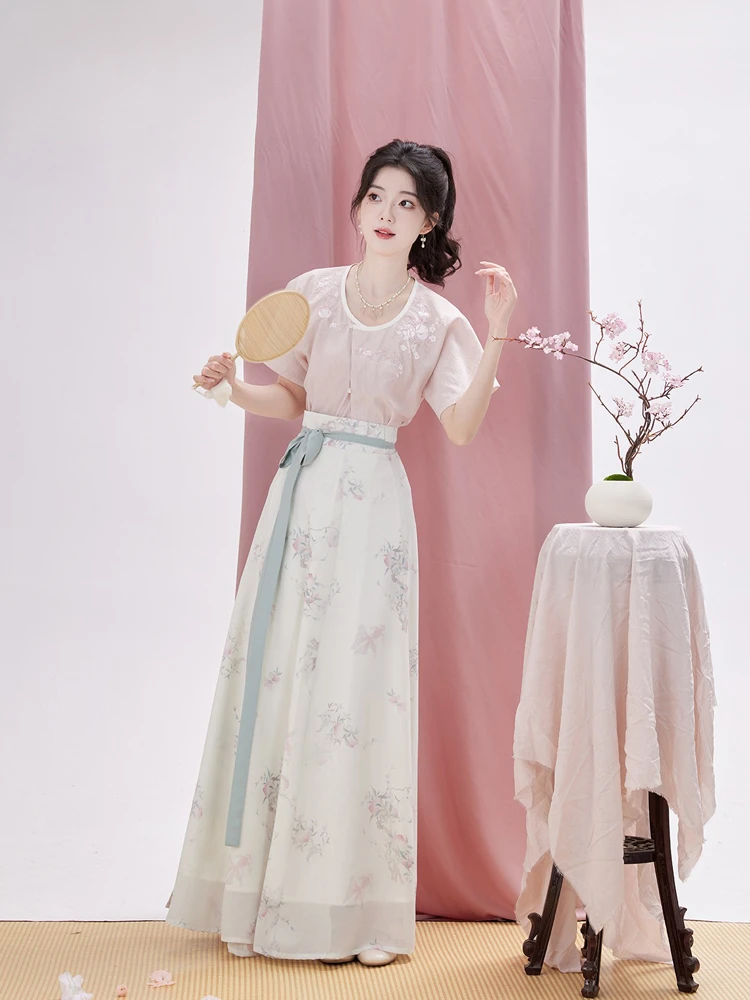 Women Tang Dynasty Hanfu Summer Pink Fashion Peach Blossom Skirt