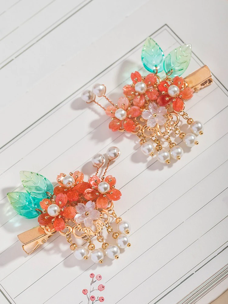 Children's Hair Clip Hanfu Flower Accessories Orange Tassel Hair Accessories