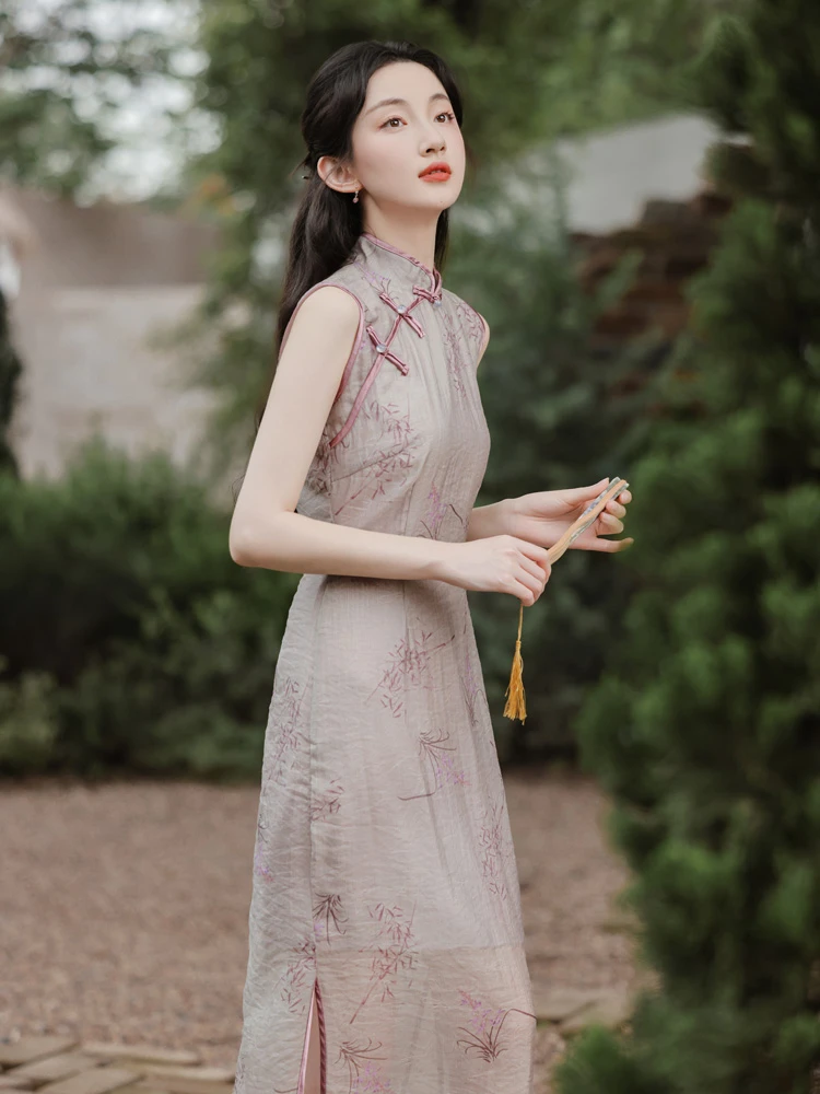 Lady's Summer Cheongsam Slit Sleeveless Dresses 