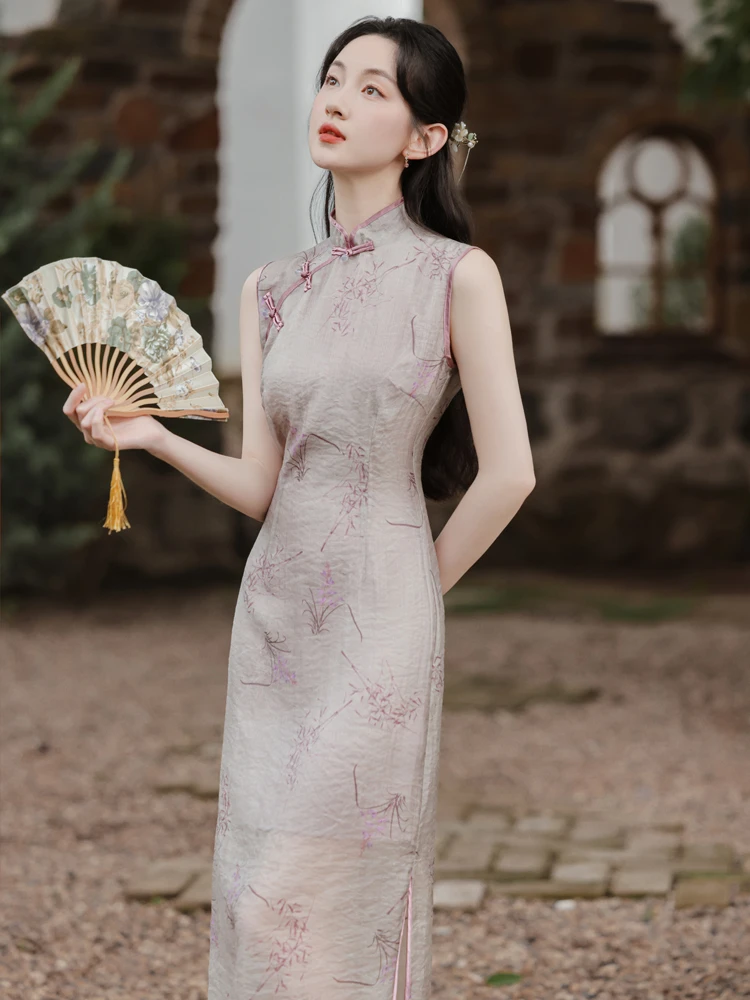 Lady's Summer Cheongsam Slit Sleeveless Dresses 