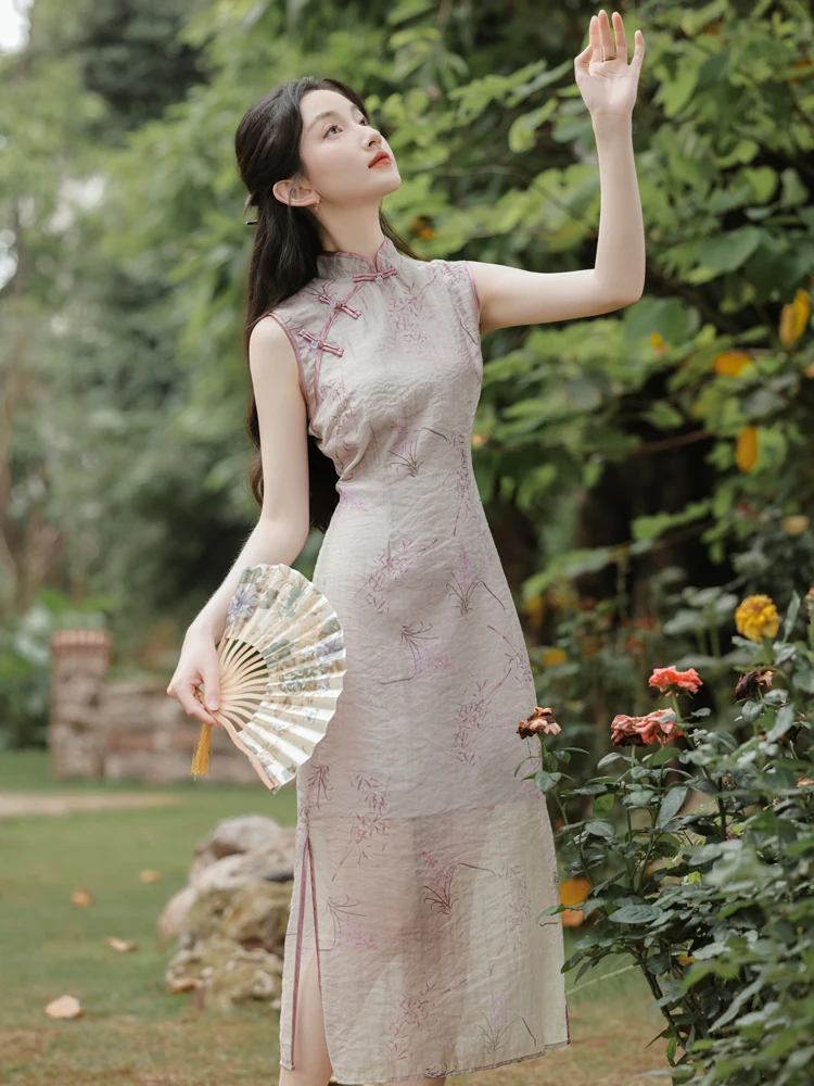 Lady's Summer Cheongsam Slit Sleeveless Dresses 