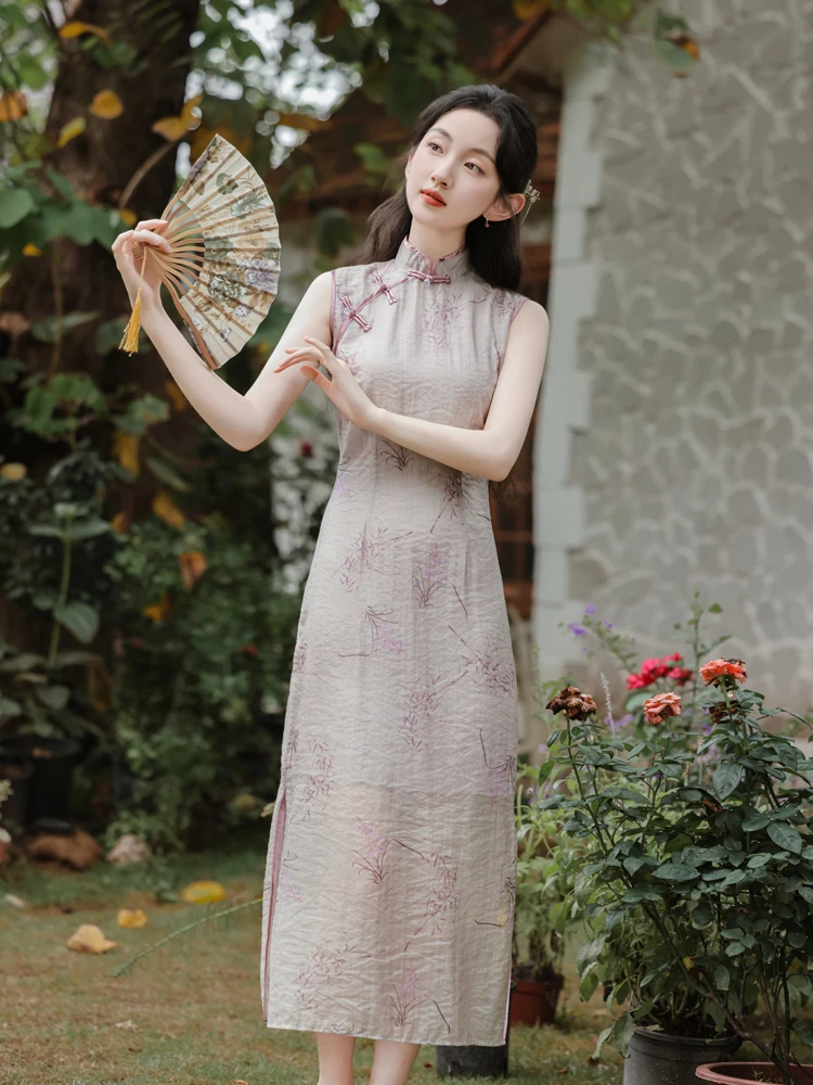 Lady's Summer Cheongsam Slit Sleeveless Dresses 