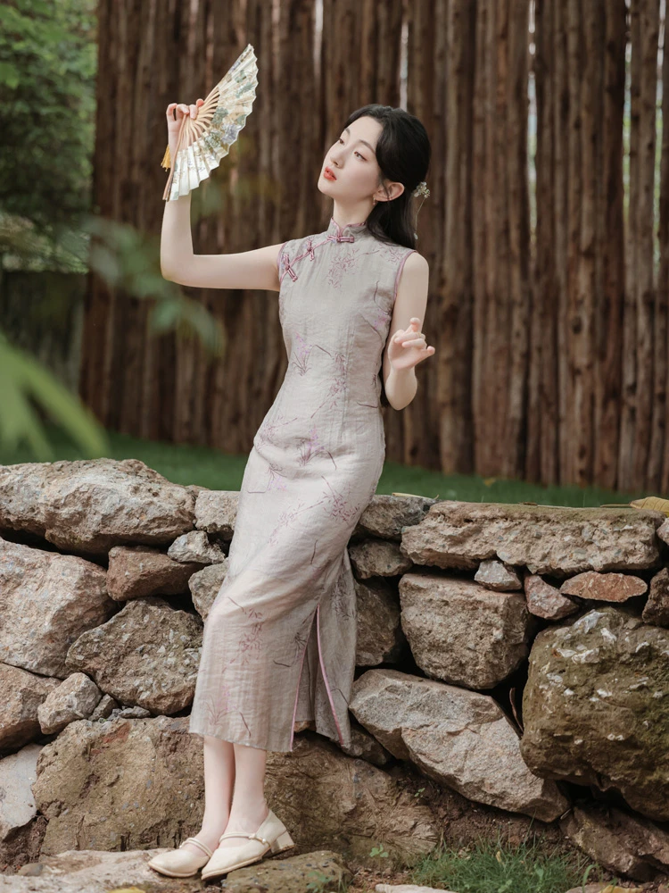 Lady's Summer Cheongsam Slit Sleeveless Dresses 