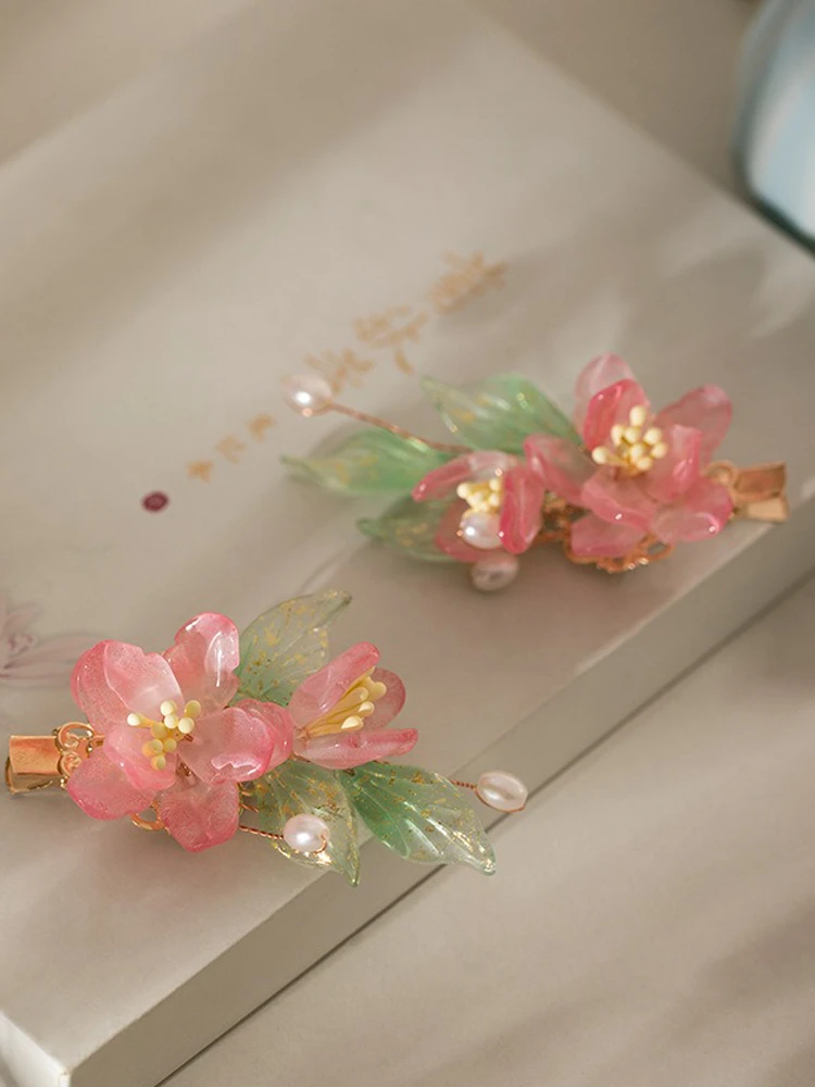 Pink Hair Clips Hanfu Peach Blossom Hair Decoration Children's Classical Accessories