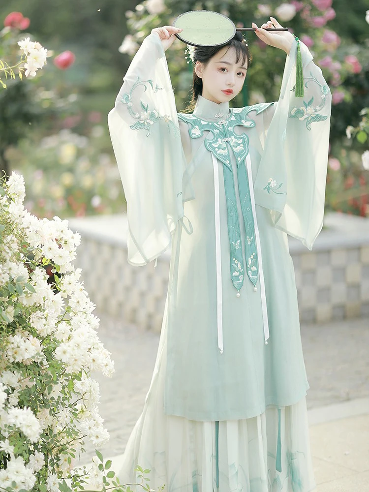 Women Ming Hanfu Long Shirt with Big Sleeves Fairy Spring Skirt